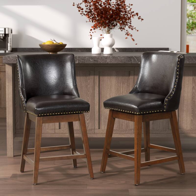 26'' Swivel Upholstered Counter Stool with Solid Wood Frame (Set of 2) - Brown
