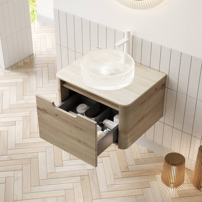 GDFStudio - Xai Floating Bathroom Vanity with Transparent Round Glass Basin, Roma Travertine-Pattern Sintered Stone Top