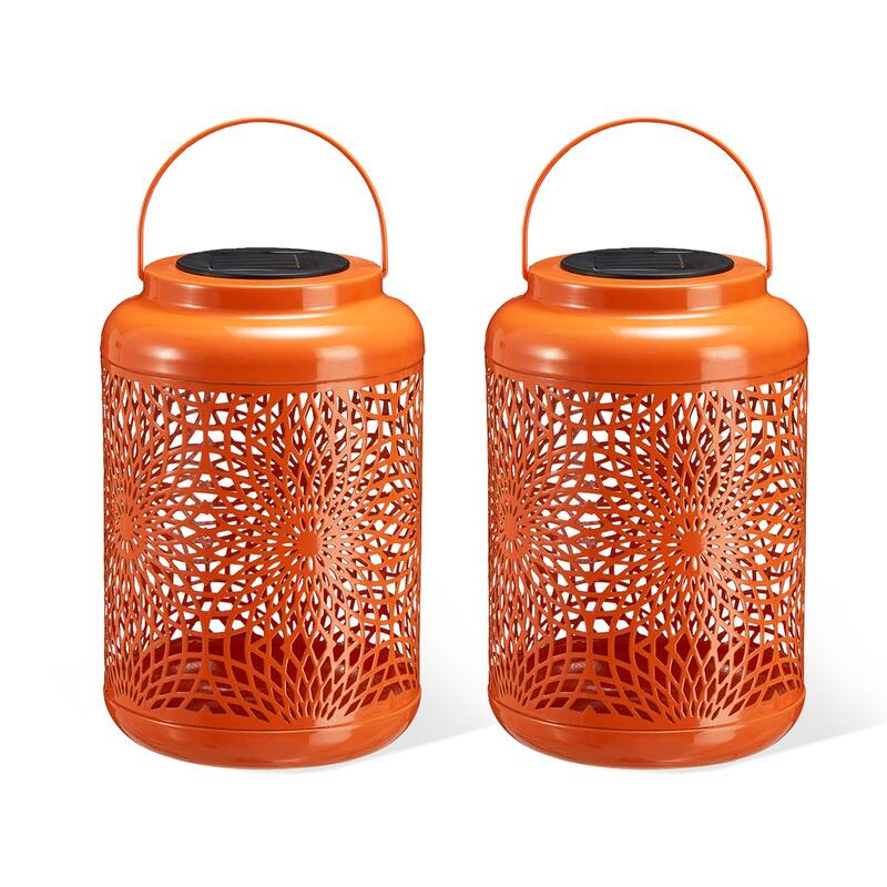 Glitzhome 8.75"H Outdoor Waterproof Metal Solar Hanging Lantern with Flower Leaves Decor
