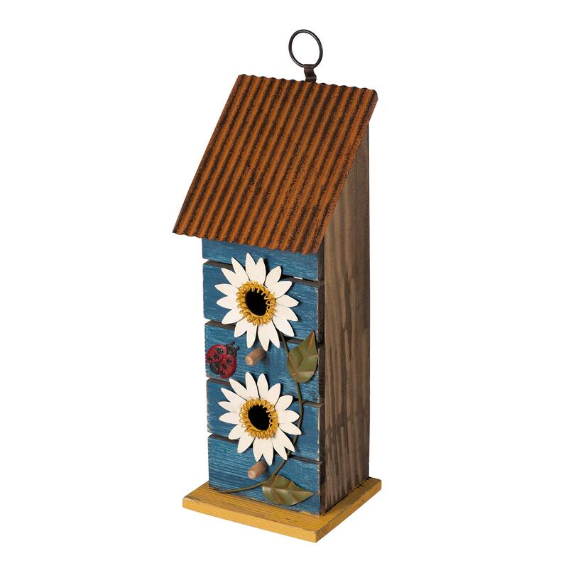 Glitzhome 15"H Washed Blue 2-Tiered Solid Wood and Metal Daisy Decorative Outdoor Garden Birdhouse