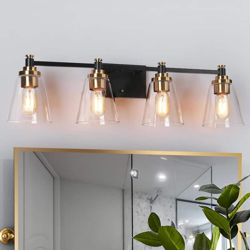 2/3/4-Light Modern Black Gold Bathroom Vanity Lights Glass Wall Sconces - 4-Light