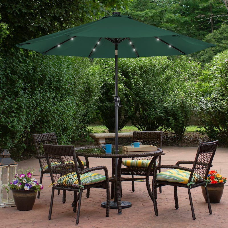 9ft Solar Lighted Patio Market Umbrella hand Crank Tilt Hunter Green