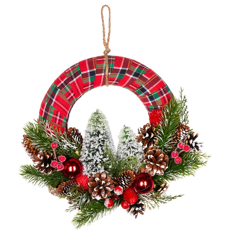 Frosted Trees and Pinecone Plaid Artificial Christmas Wreath - 13.5" - Unlit
