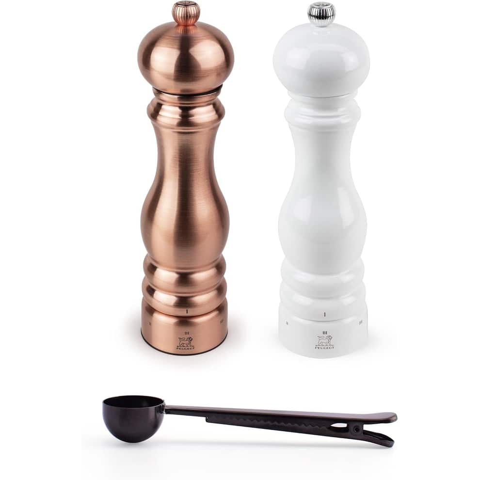 Paris Chef Carbone u'Select Stainless Steel 22cm 9 inch Copper Pepper Mill w/ White Lacquered Salt Mill- With Stainless Steel