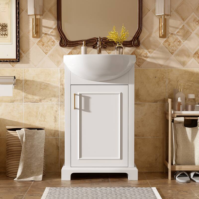 20-inch Bathroom Vanity with Ceramic Sink, Freestanding Single Vanity Set with Soft Closing Door, Bulged Ceramic Basin