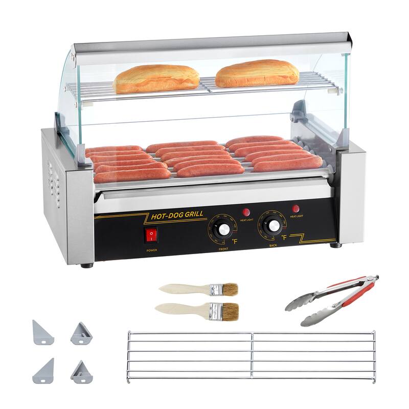 Hot Dog Roller Stainless Sausage Grill Cooker Machine with Dual Temp Control Glass Hood Acrylic Cover Bun Warmer - 7 Rollers