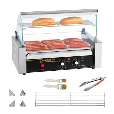 Hot Dog Roller Stainless Sausage Grill Cooker Machine with Dual Temp Control Glass Hood Acrylic Cover Bun Warmer