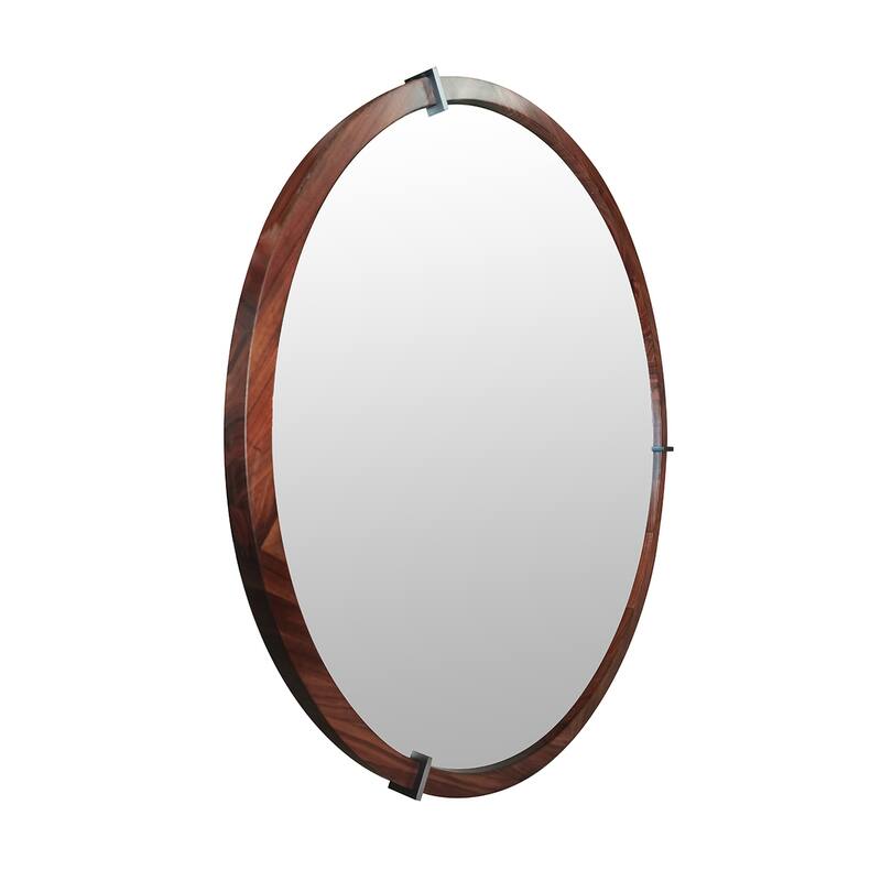 Mid-Century Modern Round Accent Mirror - Brown Walnut Wood & Veneer