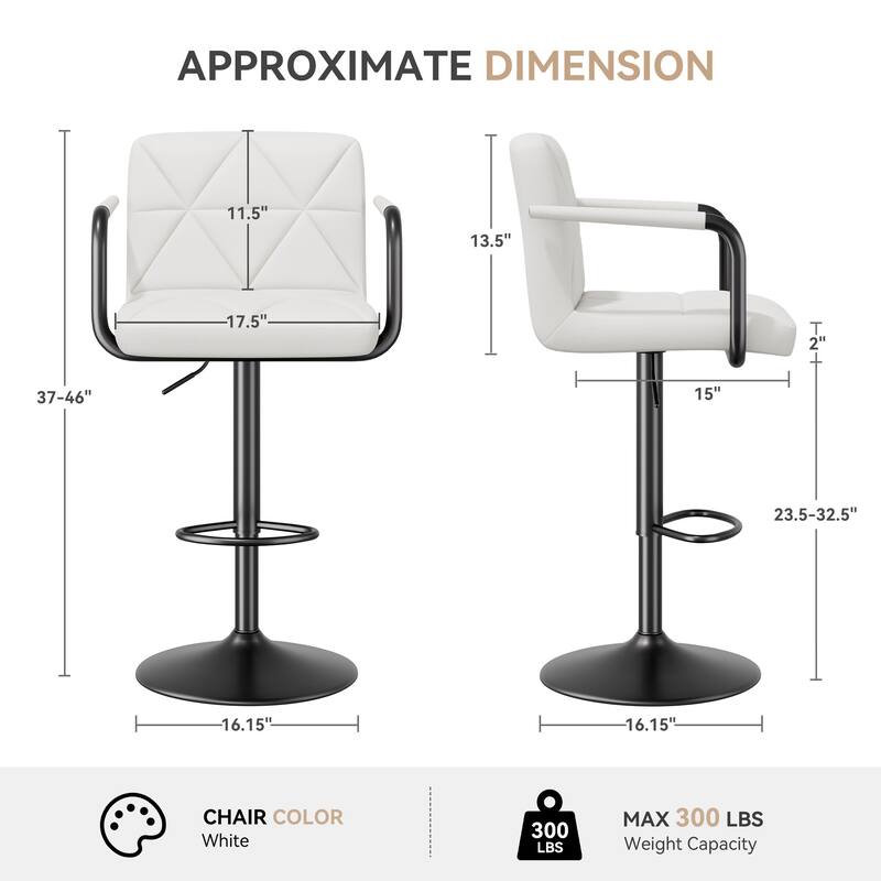 Modern Bar Stools Set of 2 Upholstered Faux Leather Barstools with Back and Arms Height Adjustable Bar Chairs