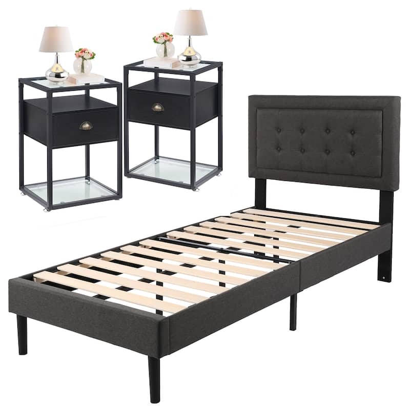 VECELO 3-pieces Upholstered Bedroom Set with Height Adjustable Headboard and Nightstands Set of 2
