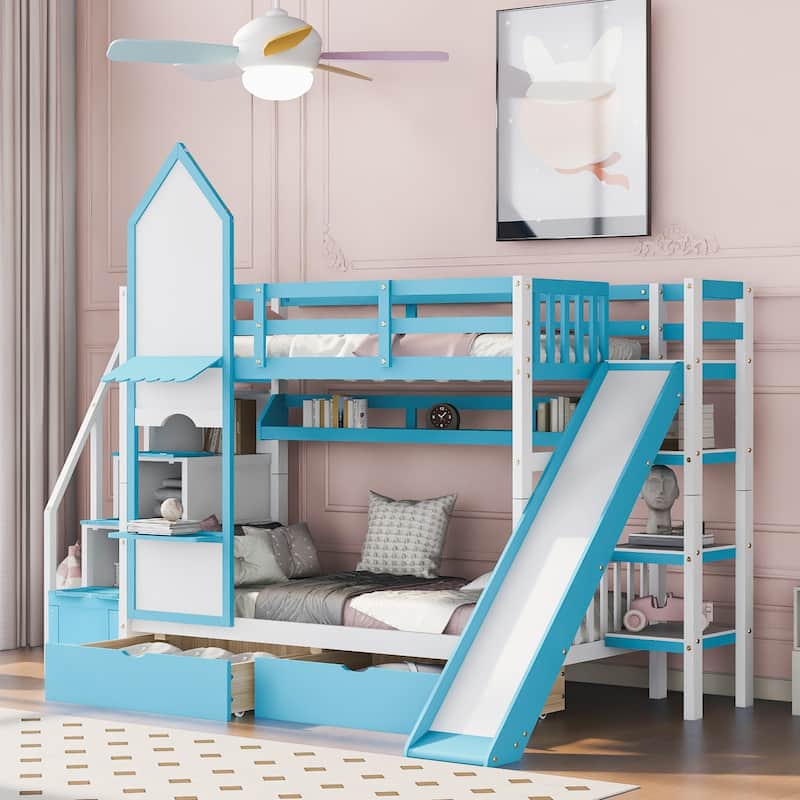 Playhouse Inspired Twin-Over-Twin Castle Style Bunk Bed with 2 Drawers ...