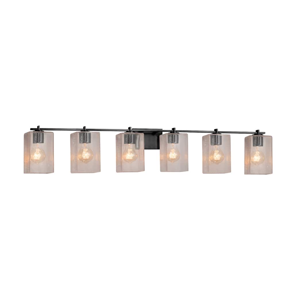 Justice Design Fusion Era 6-light Matte Black Bath Bar, Seeded Square w/ Flat Rim Shade
