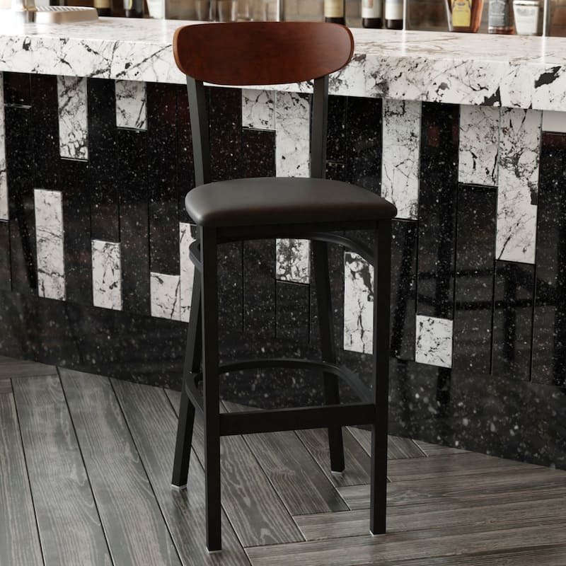Commercial Metal Barstool with Wood Seat and Boomerang Back