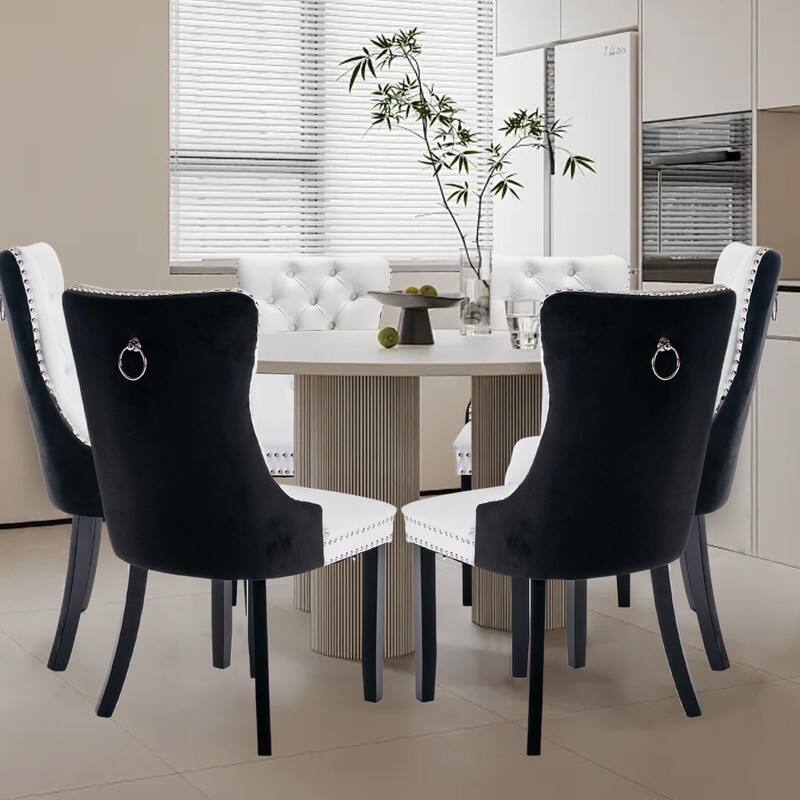 Tufted Naliheads Solid Wood Upholstered Dining Chairs Set of 6 - WhiteBlack BlackLegs
