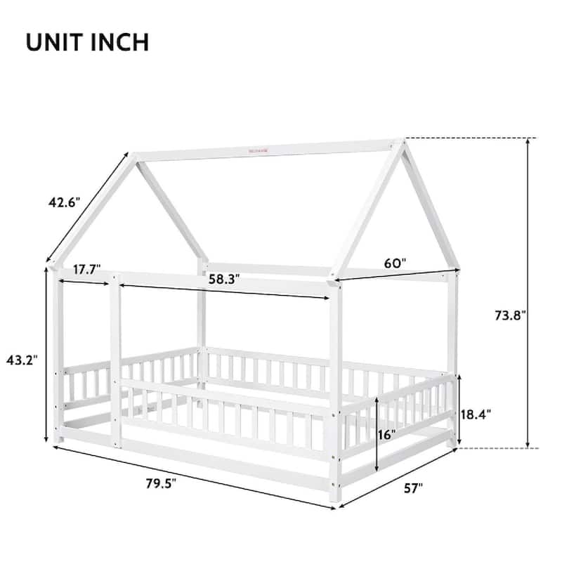 Full Size House Floor Bed Frame with Roof Fence Guardrails for Kids