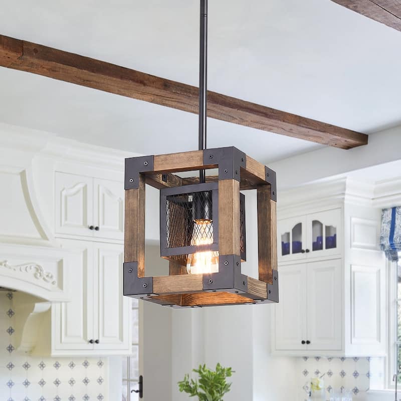 Single Square Farmhouse Pendant Light - Wood, 8 in - Black - Black