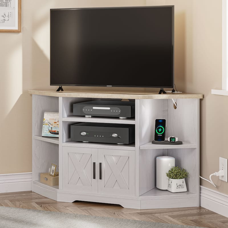 Farmhouse Corner TV Stand Entertainment Center Media Console for TVs up to 55" with Power Outlet - Grey Wash/White