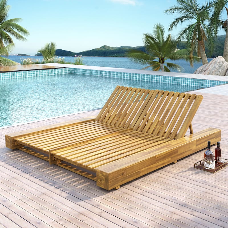 Christopher Knight Home - Thalric Outdoor Acacia Wood Double Chaise Lounge with Adjustable Backrest and Optional Cushions - Teak Finish No Cushion