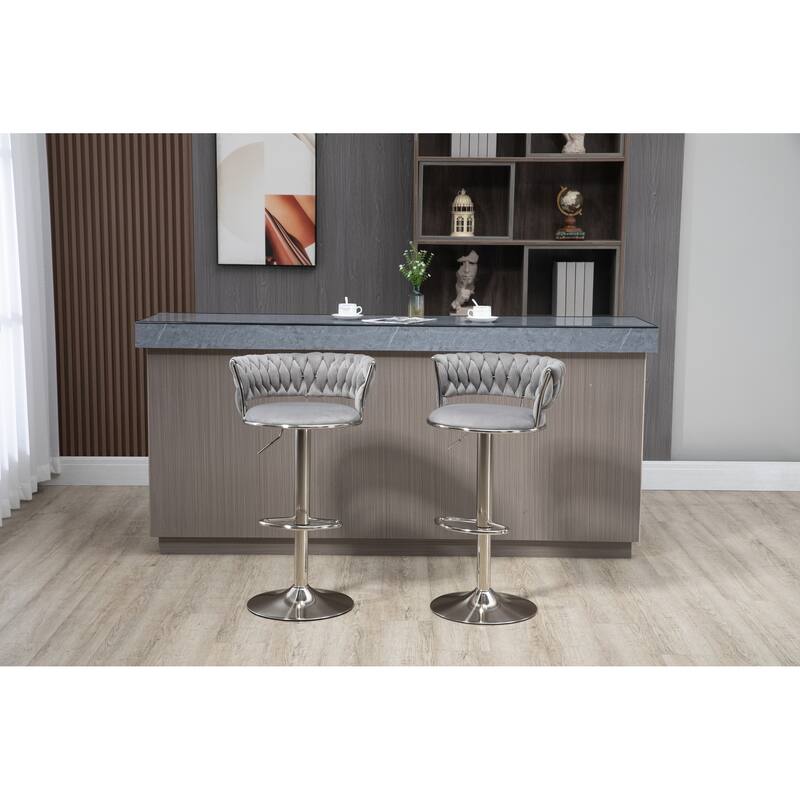 Velvet Swivel Adjustable Height Bar Stools With Sliver Footrest(set of 2)