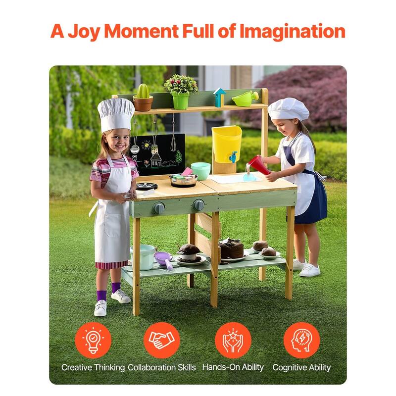 Natural-Green Cedar Wood Outdoor Mud Kitchen Playset for Kids - 15.4” D x 30” W x 36” H