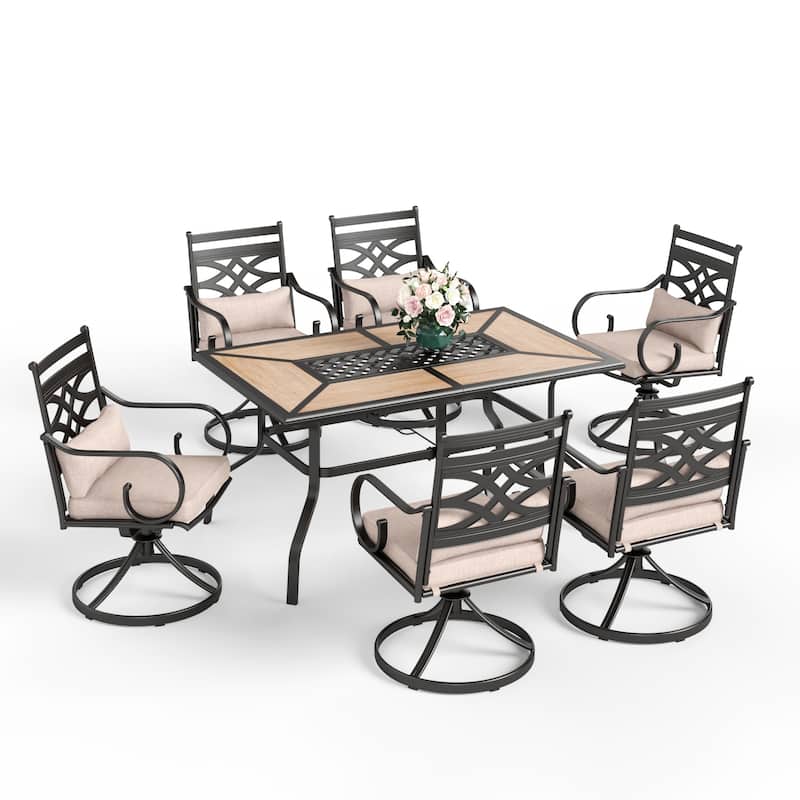 MAISON ARTS 7-Piece Outdoor Dining Set Geometric Rectangle Table & Elegant Cast Iron Pattern Swivel Dining Chairs