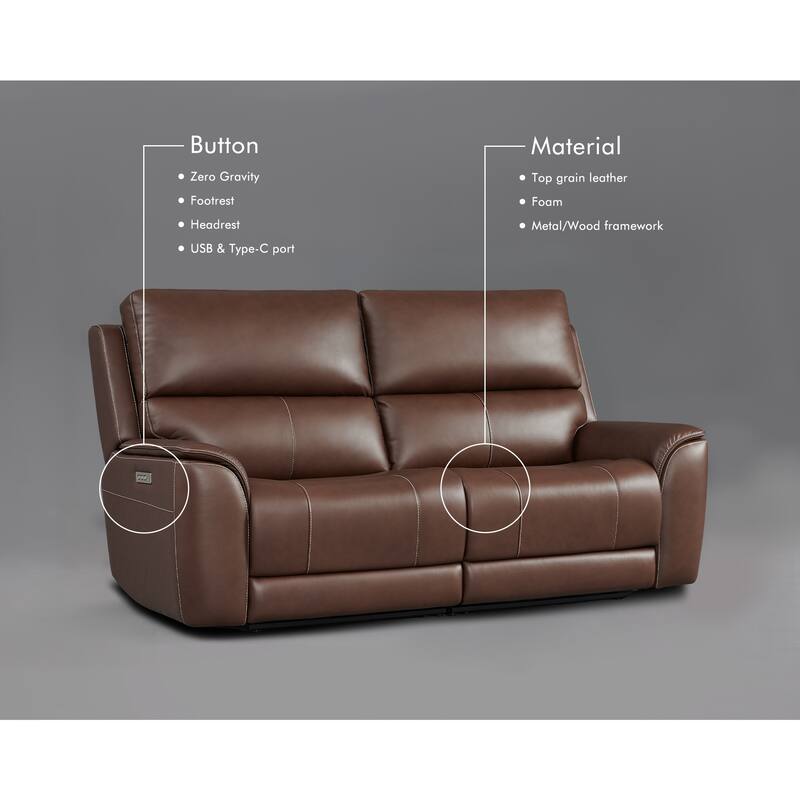 82" W Premium Genuine Leather Triple-Power Double Width loveseat with Zero Gravity, USB & Type-C Ports