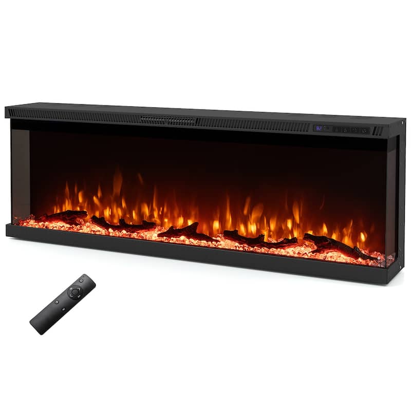 Black 3-Sided Electric Fireplace with Remote and Panoramic Tempered Glass Flames 5000 BTU Heater