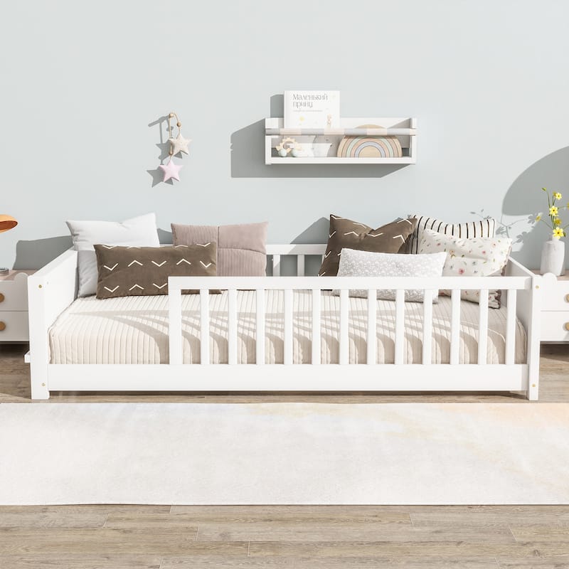 Twin Floor Bed with Built-in Bookcase Rubber Wood Low Profile Platform Bed