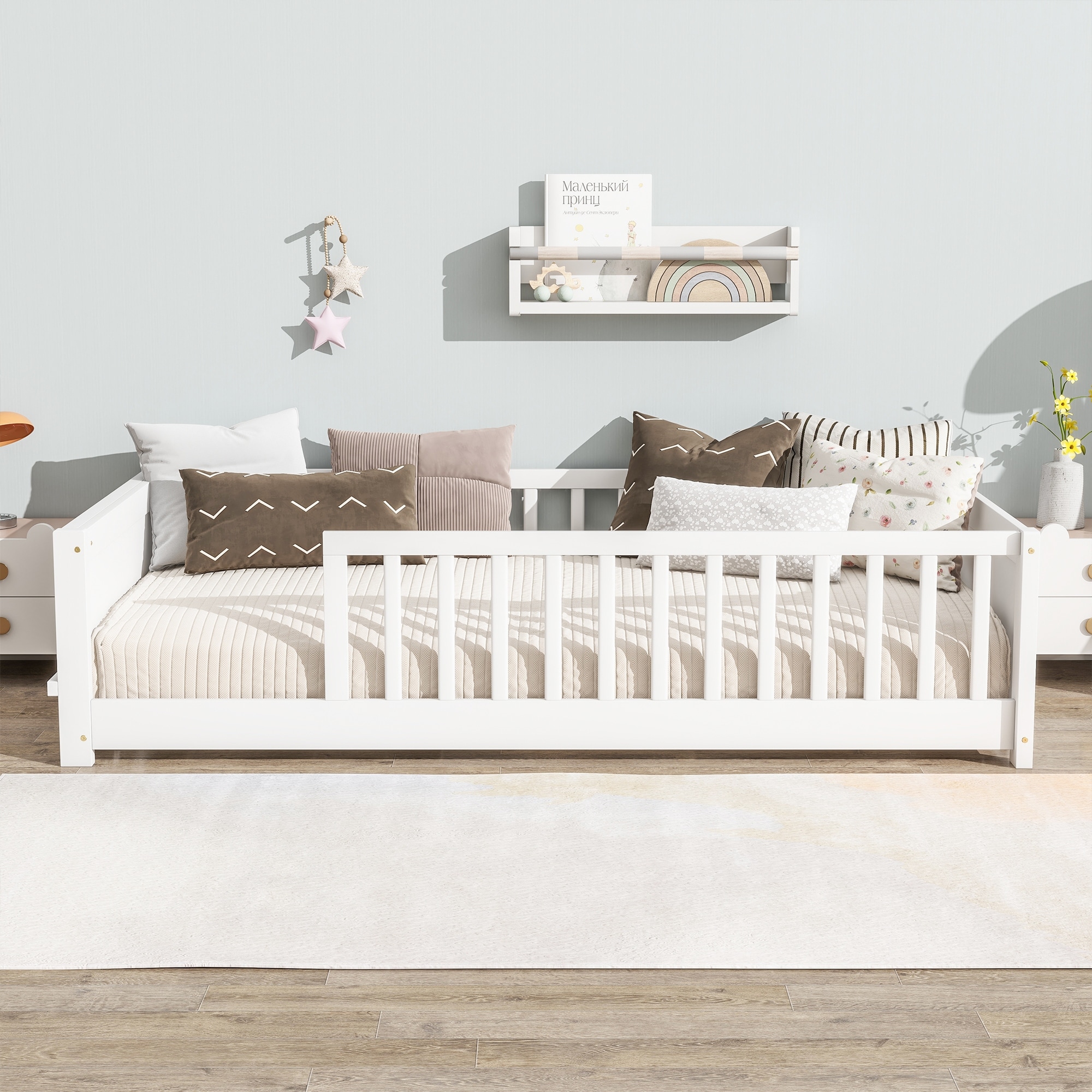 Twin Floor Platform Bed with Book Rack