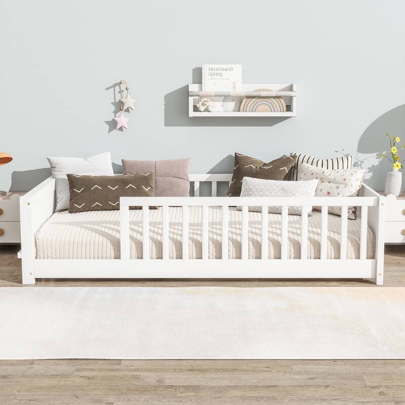 Twin Size Floor Platform Bed with Built-in Book Rack, White