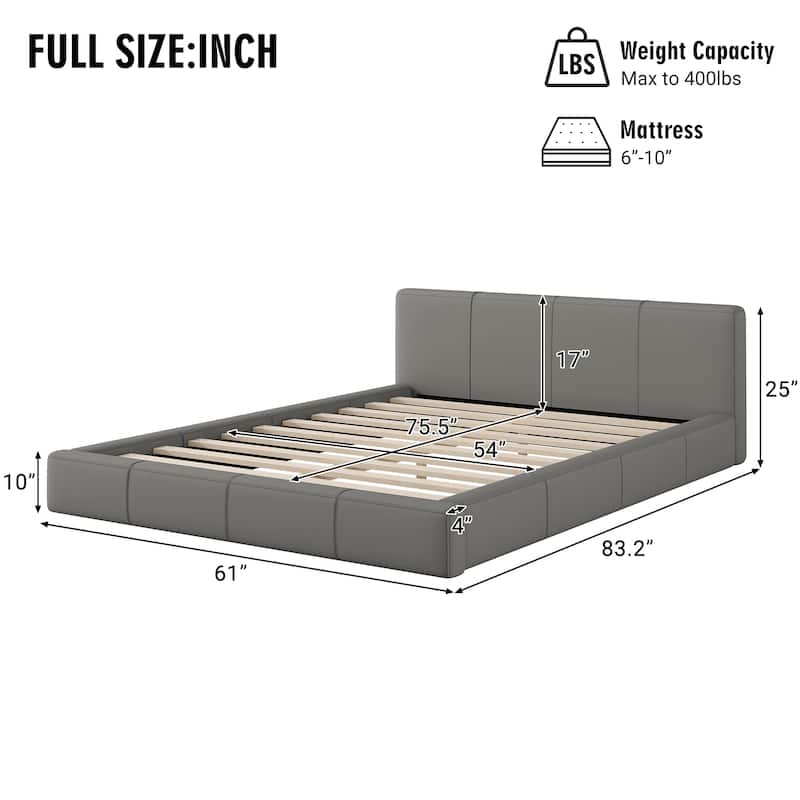 Full / Queen / King Stylish Gray Upholstered Bed with Faux Leather and Solid Wood Frame