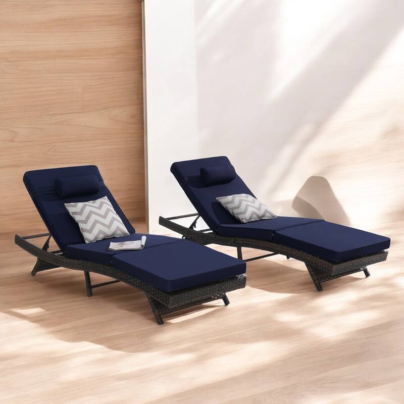 Adjustable Wicker Lounge Chair Set of 2 - Reclining Sunbathing Chairs with Cushions, All-Weather PE Rattan for Patio & Garden - Dark Blue