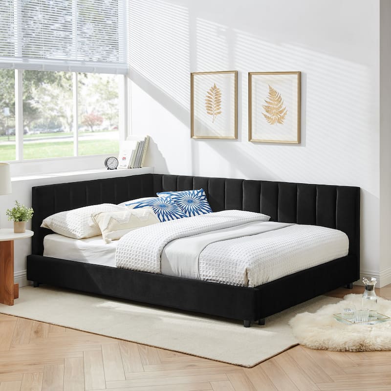 Full Size Velvet Upholstered Daybed with Tufted Backrest and Armrest, Mid-Century Sofa Bed Frame for Bedroom or Living Room
