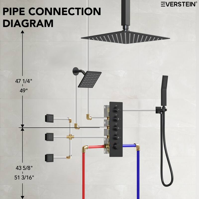 Dual Heads 16" Rainfall & High Pressure 6" Shower Head 3 Way Thermostatic Faucet System w/ 3 Body Jets