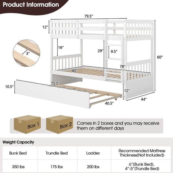 dimension image slide 1 of 2, Costway Twin Over Twin Bunk Bed with Twin Trundle Solid Wood Frame - See Details