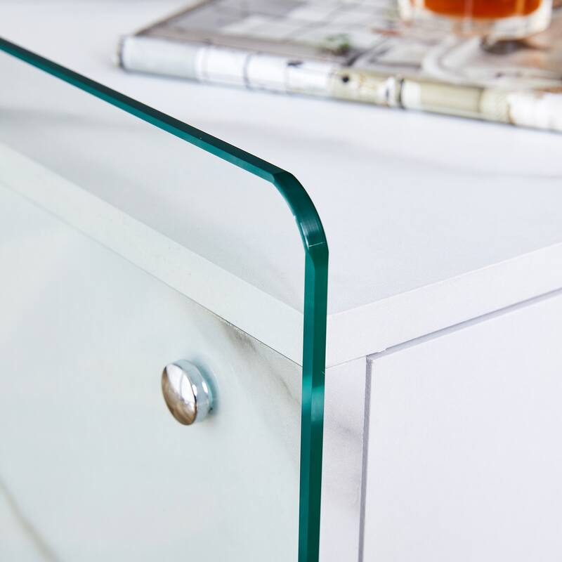 Double-drawer Bedside Table, The Board Surface Is MDF Sticker, And Both Sides Are Tempered Glass, With Storage Functions