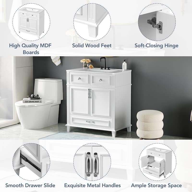 30 Inch Freestanding Bathroom Vanity with Sink, Soft Close Doors, Single Drawer, Solid Wood Frame