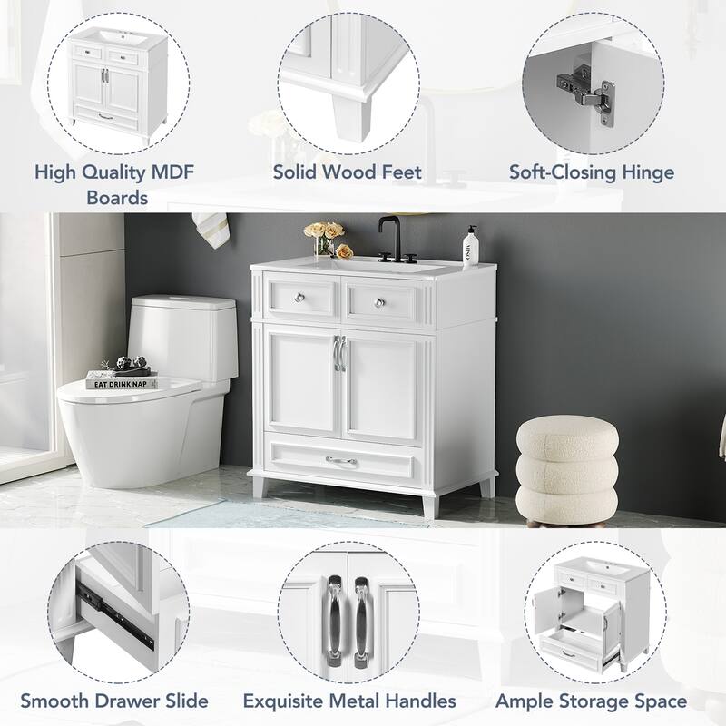 Bathroom Vanity with Resin Sink, Bathroom Cabinet with Soft Closing Doors, Bathroom Vanity Set with Solid Wood Frame