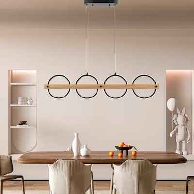 4 Circles Satin Black & Wood Chandelier - N/A