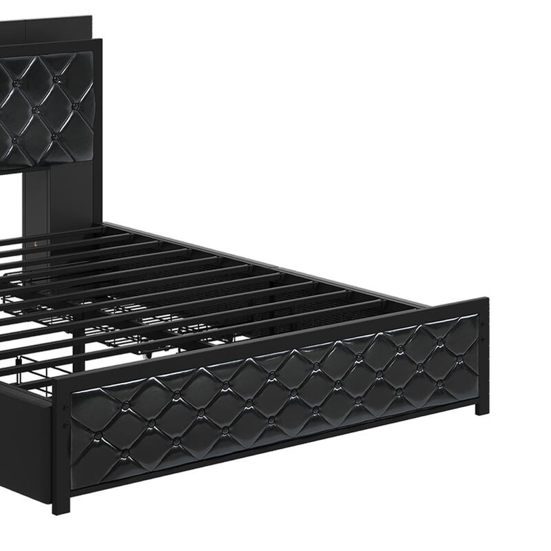 Moasis Queen Bed Frame with Headboard & 4 Storage Drawers, Modern Upholstered Faux Leather Platform Bed