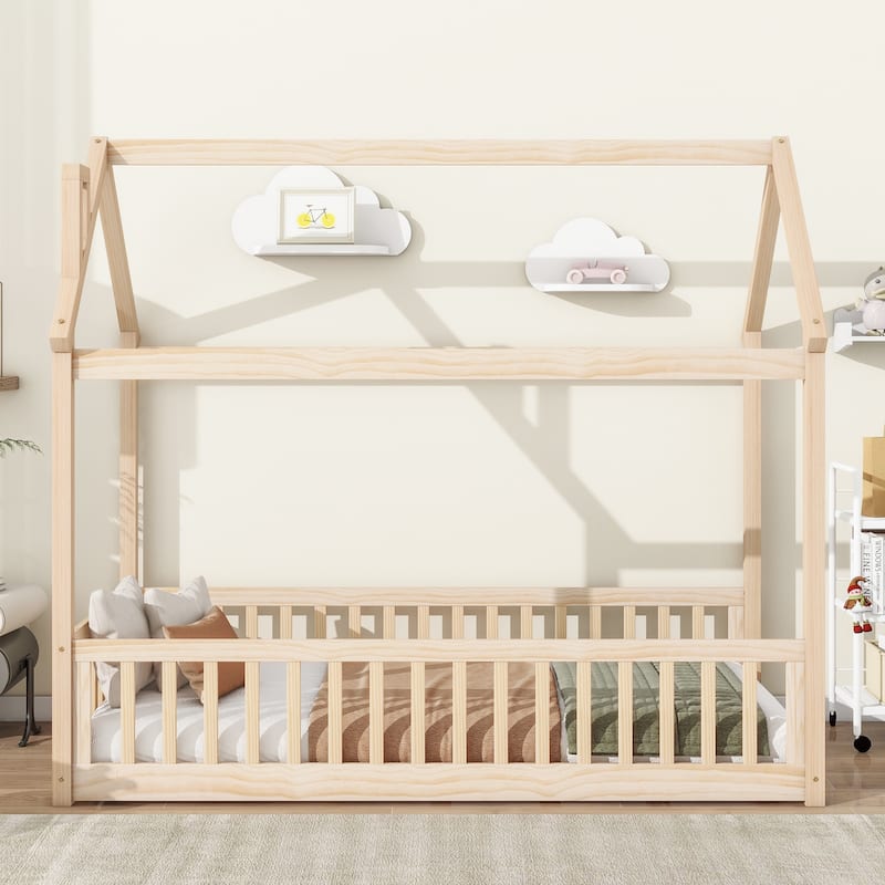 GDFStudio - Harrison American-Style Pine Twin Bed with House Design and Guardrails