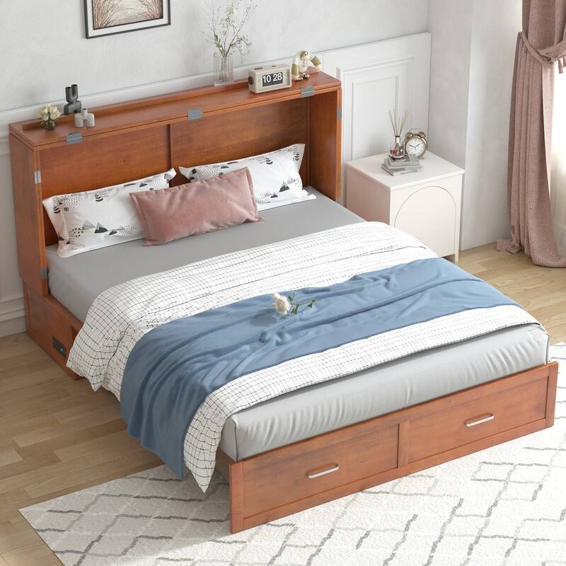 Mixoy Modern Murphy Bed Chest with Mattress,Storage Drawer,Charging Station