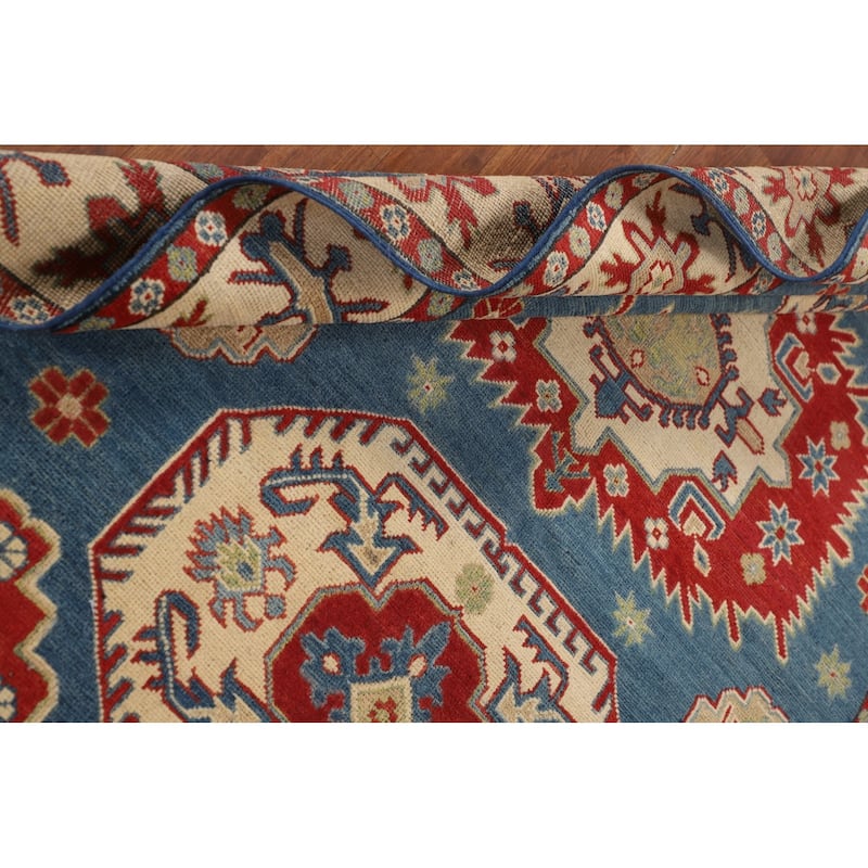 Blue Geometric Kazak Oriental Area Rug Bedroom Handmade Wool Carpet - 4'10" x 6'11"