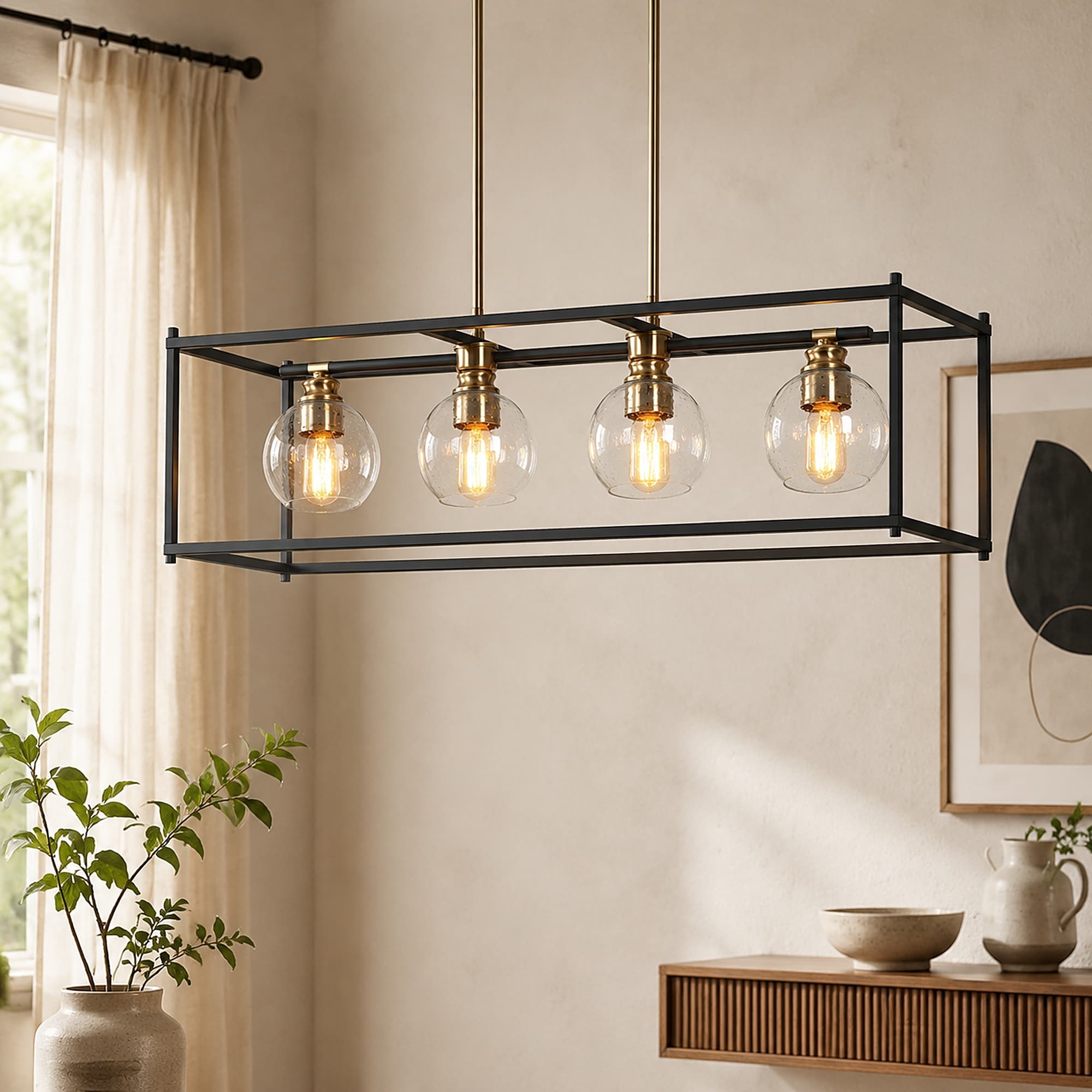 Iain Modern 4-Light Black Gold Chandelier Metal With Seeded Glass Shades Rectangle Kitchen Island Lights for Dining Room