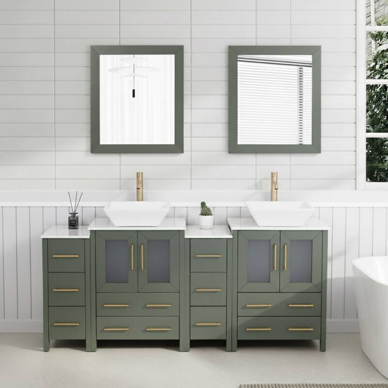 Vanity Art 72" Double Sink Bathroom Vanity Set with Engineered Marble Top and Free Mirror - 72 W X 18.5 D X 31.1 H - Vintage Green