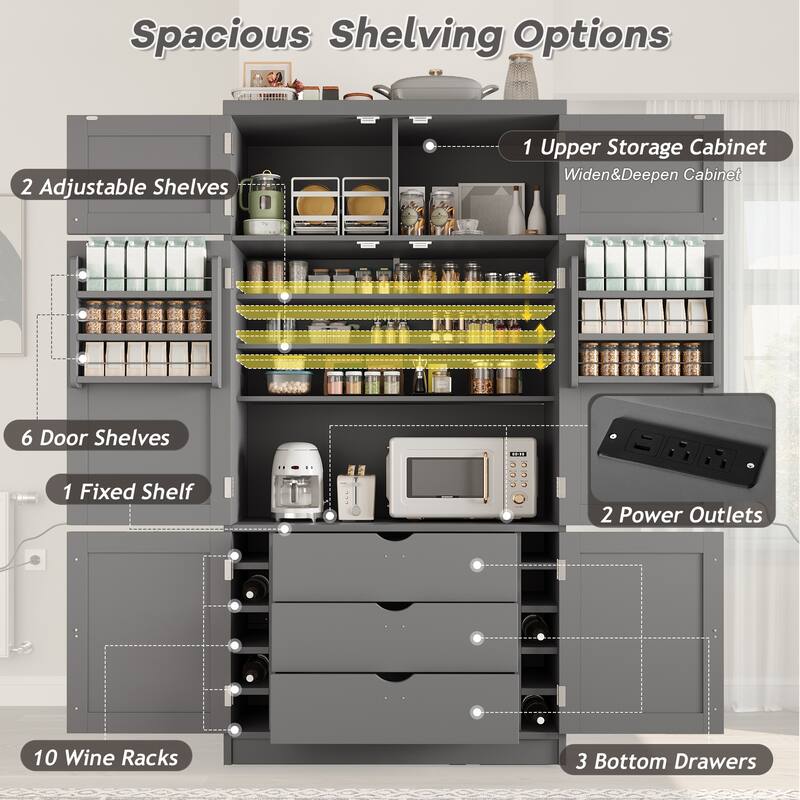 Roomfitters 80 Inch Extra Tall Kitchen Pantry Cabinet with Power Outlets and Wine Rack, Shaker Style