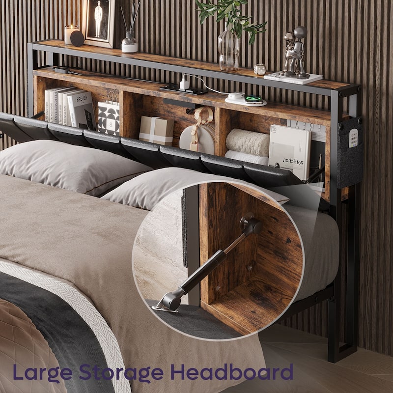 Bed Frame Storage Platform Bed with Charging Station Headborad and LED Ligths