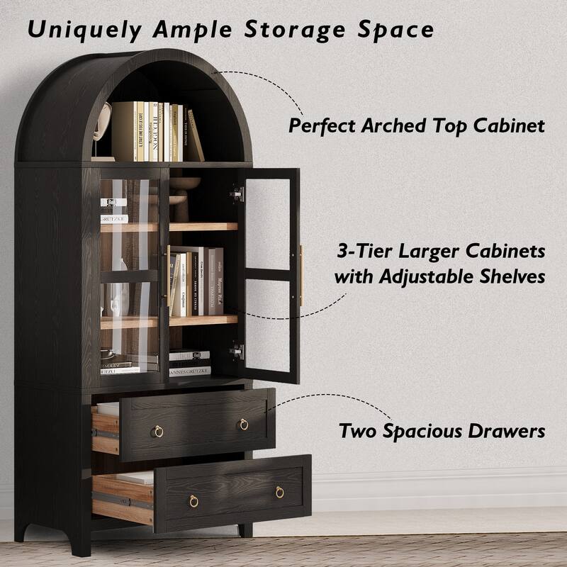 71"Tall Arched Kitchen Pantry Cabinet with 2 Large Drawers, Kitchen Storage Cabinets with Adjustable Shelves, Glass Door