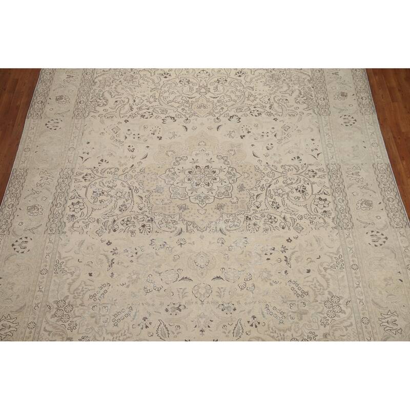 Hand Knotted Oriental 100% Wool Carpet Traditional Floral Beige & Ivories Tabriz Area Rug - 12' 8'' X 9' 9''