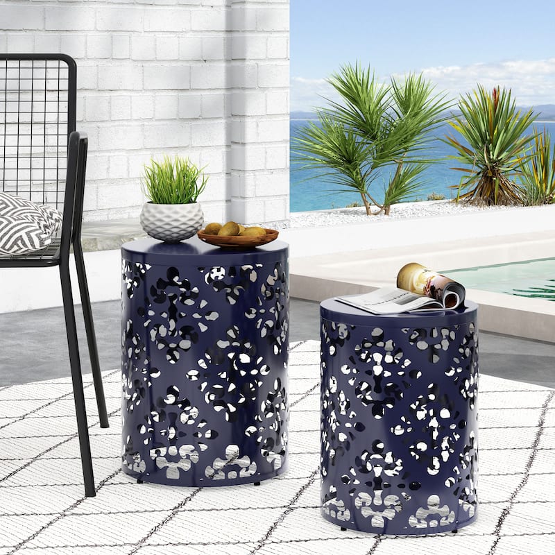 Mathena Outdoor Metal Side Tables (Set of 2) by Christopher Knight Home - Navy Blue